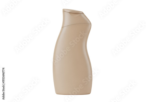 Beige bottle with a curved design It has a fliptop cap It is on a white surface with a shadow