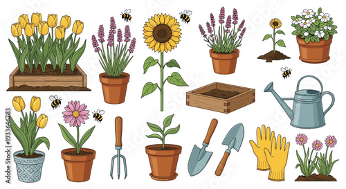 Gardeners toolkit and floral collection featuring blooming flowers, lavender, sunflowers, tools, a watering can, and bees for springtime.