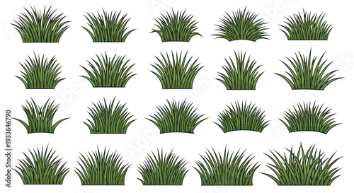 Large grid display of various green grass tufts and clumps in different styles and shapes isolated on a clean white background for design.