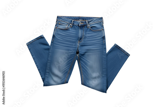 Blue denim jeans laid flat on a white surface with visible seams pockets and a button closure