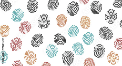 Scattered multicolored fingerprints on a white background creating a vibrant and abstract pattern representing human diversity and identity.
