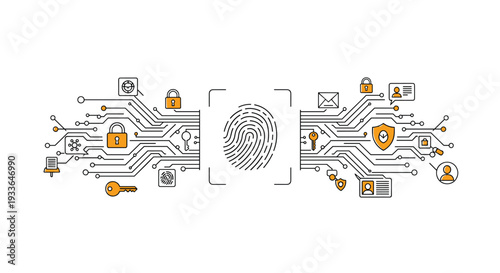 Concept of biometric security featuring a fingerprint scan center stage connected to a network of digital security icons and circuit lines.