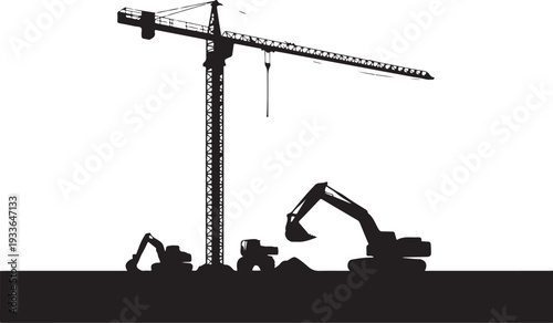 Black silhouette construction site with crane and excavators