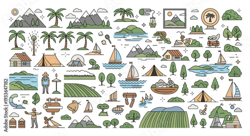 Extensive icon set depicting various outdoor activities like camping, beach trips, hiking, mountains, palm trees, and nautical elements.