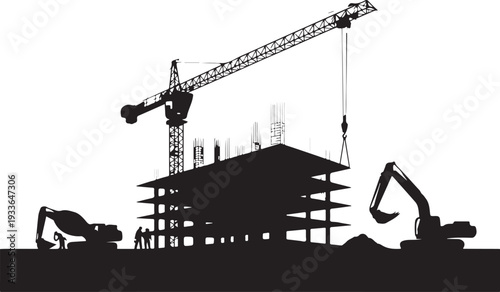 Black silhouette construction site with crane and excavators 4