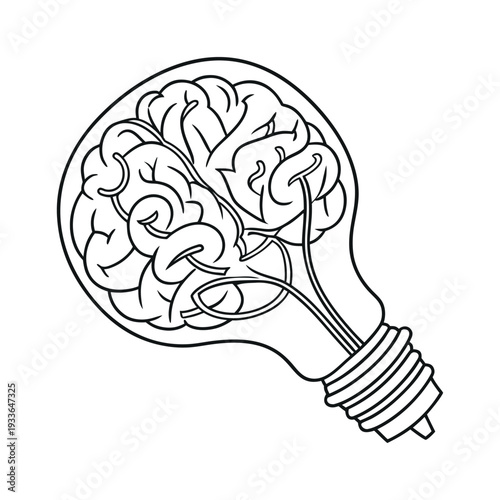 Human Brain Inside Light Bulb Vector Illustration, Creative Idea and Innovation Concept Line Art, Mental Health and Intelligence Symbol Isolated on White Background