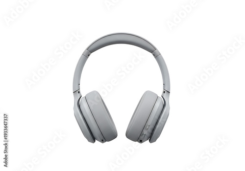 Lightgray overear headphones on a white backdrop The headphones have rounded earcups and a curved headband