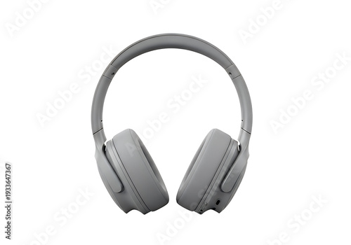 Gray overear headphones positioned centrally set against a white background The headband arches over two earcups
