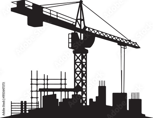 Black silhouette construction site with crane and scaffolding 1