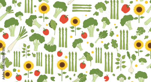 Vibrant pattern featuring garden fresh vegetables like broccoli, asparagus, and red peppers mixed with bright yellow sunflower blooms.