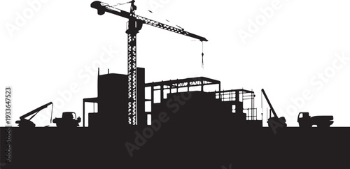 Black silhouette construction site with crane and vehicles 1