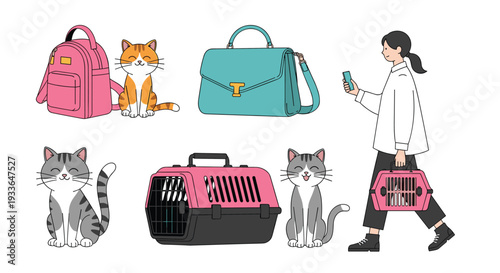 Traveling with pets illustration set featuring a person carrying a cat, pet carriers, travel bags, and happy feline friends on white background.