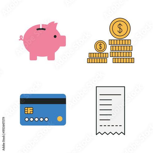Financial Icons - Piggy Bank, Coins, Credit Card, and Receipt.