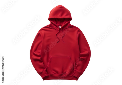 Red hooded sweatshirt front view on a white background Features a front pocket and drawstring
