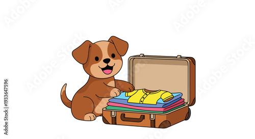 Adorable brown puppy happily packing colorful clothes into a brown vintage suitcase for a fun vacation trip or travel adventure.