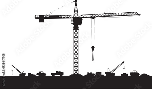 Black silhouette construction site with crane and vehicles