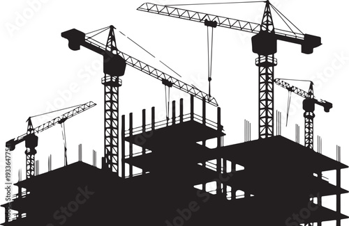 Black silhouette construction site with cranes and building framework