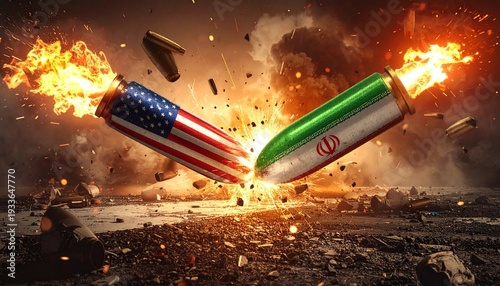 United States and Iran flags ripped apart amid explosions, fire, smoke, and bullets, symbolizing violent geopolitical conflict, rivalry, confrontation, and strained international relations.