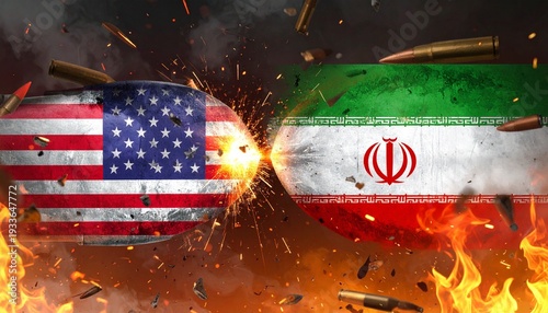 United States and Iran flags ripped apart amid explosions, fire, smoke, and bullets, symbolizing violent geopolitical conflict, rivalry, confrontation, and strained international relations.