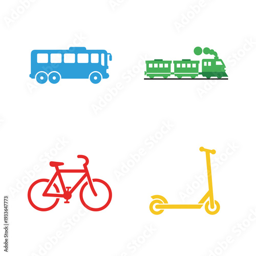 Set of colorful transportation icons including bus train bicycle and scooter.