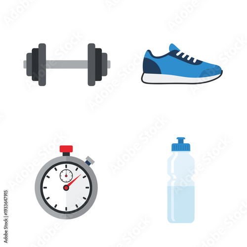 Fitness Equipment Icons - Dumbbell, Sneaker, Stopwatch, Water Bottle.