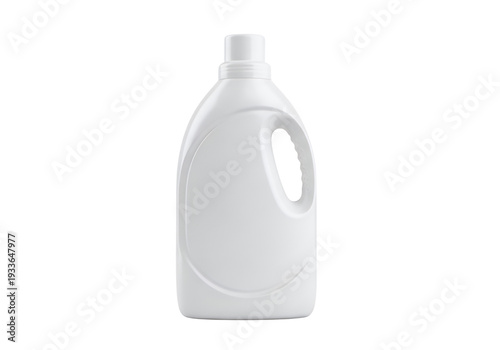 White plastic detergent bottle with handle on a white surface