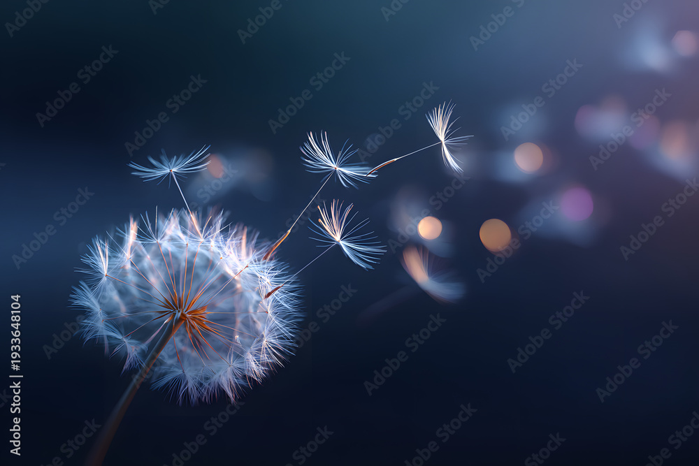 Fototapeta premium Magical macro photo of a glowing dandelion with fluffy seeds blowing in the wind against a dreamy dark blue bokeh background.