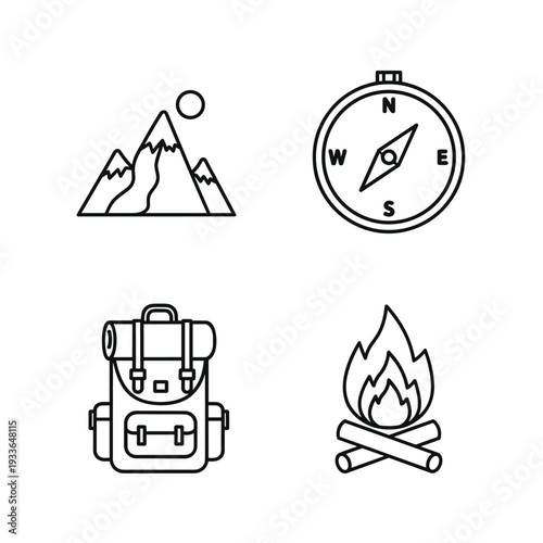 Set of four outdoor adventure icons - mountains, compass, backpack, campfire.