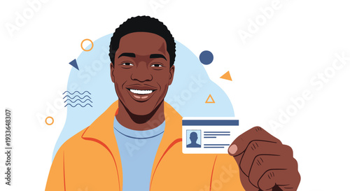 Smiling young black man proudly showing his identity card or driver's license against a light blue background with geometric patterns.