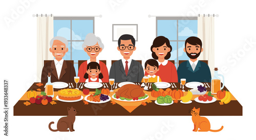 Large multi-generational family sitting together at a festive dinner table filled with turkey and traditional food for Thanksgiving Day.