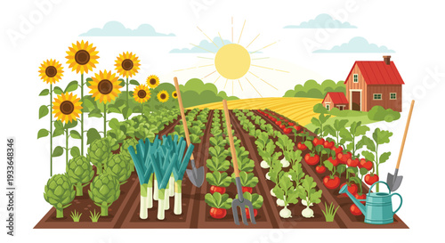 Scenic view of a productive farm field with rows of vegetables, bright sunflowers, and a red barn house under a sunny sky.