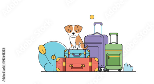 Adorable brown and white puppy sitting on a stack of suitcases, ready for a travel adventure or moving to a new home with its family.