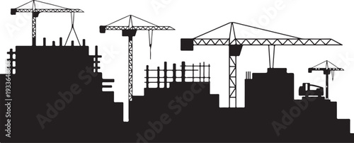 Black silhouette construction site with cranes and buildings