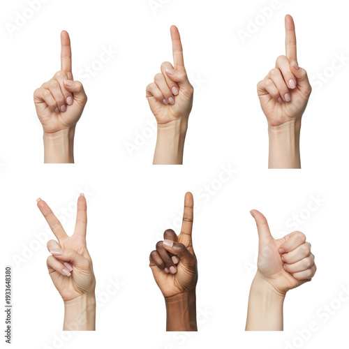 Collection of Six Diverse Hands Displaying Various Gestures and Numbers