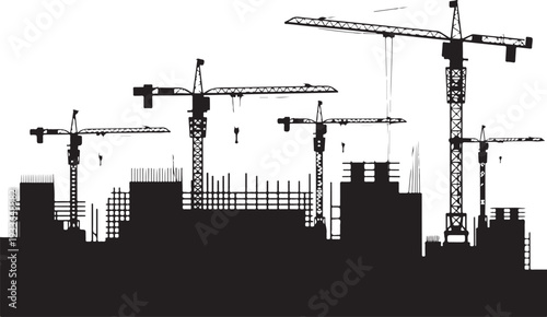 Black silhouette construction site with cranes and buildings