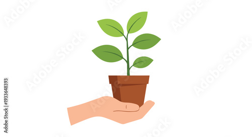 Human hand gently cradling a small terracotta pot with a young green sprout, symbolizing growth, care, and environmental protection.