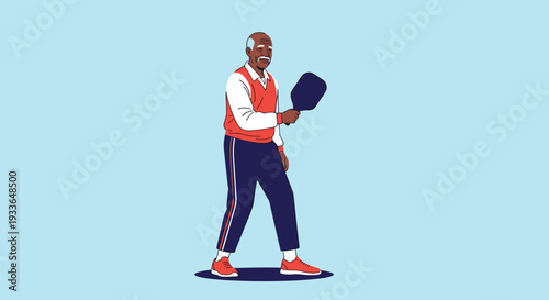 Active senior man in sportswear holding a paddle, ready to play a game of pickleball or tennis, promoting an active and healthy lifestyle.