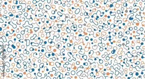 Intricate abstract background pattern with interconnected organic dots and flowing lines in blue, brown, and grey colors on a white field.