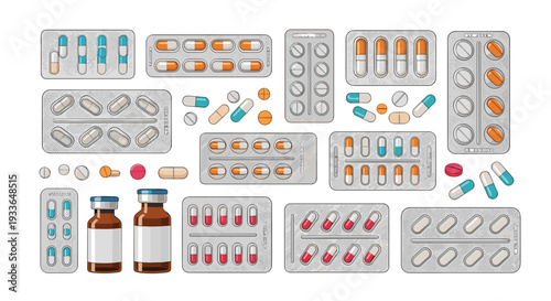 Comprehensive collection of various medical pills, capsules, and blister packs along with glass bottles, representing pharmacy and healthcare.