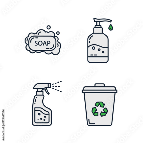 Set of hygiene and cleaning icons including soap, spray bottle, and trash can.