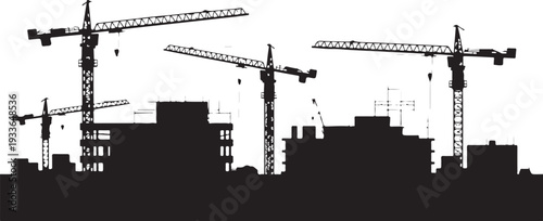Black silhouette construction site with cranes and buildings