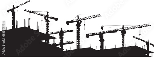 Black silhouette construction site with cranes and buildings