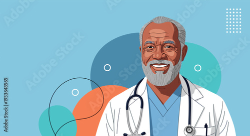 Confident and friendly male doctor with a grey beard and glasses wearing a white coat and stethoscope, smiling in a professional portrait.