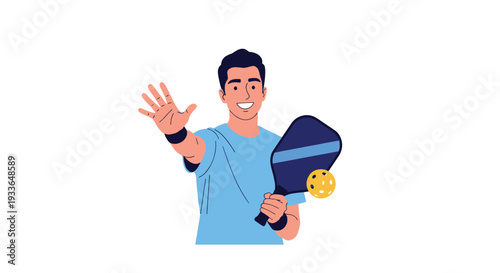 Energetic young man in a blue t-shirt holding a paddle and ball, waving his hand happily during a pickleball or paddle tennis game.