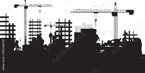 Black silhouette construction site with cranes and buildings