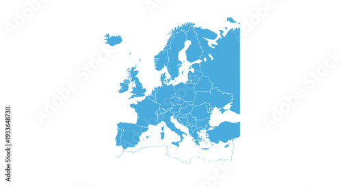 Silhouette map of the European continent shown in a solid light blue color with national borders clearly defined on a white background.