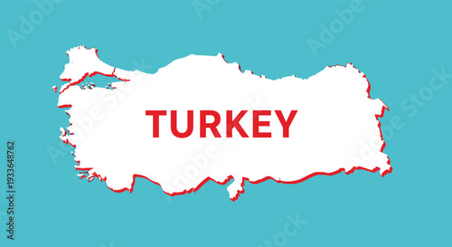 Outline map of Turkey in white with a red shadow effect and bold text against a bright turquoise blue background.
