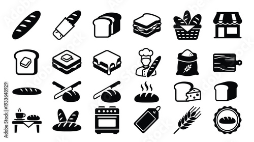 A collection of 24 black and white icons representing various baked goods, bakery items, and related tools, presented in a grid format.