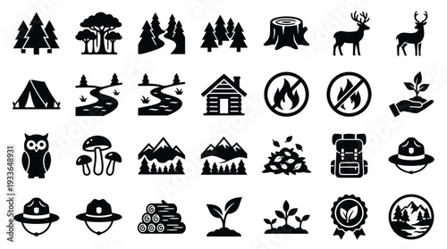 A comprehensive collection of black and white icons representing various elements of nature, wildlife, and outdoor activities.