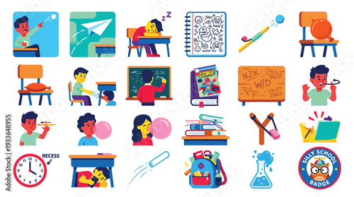 A vibrant collection of cartoon-style illustrations depicting various school-related activities, student behaviors, and classroom objects, presented in a grid layout.
